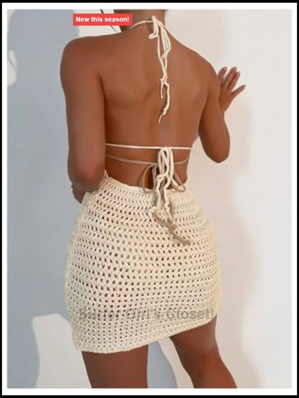 Crochet Knit Swim Coverup Tie Backless Halter Beach Dress